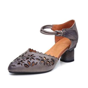 Artística tallada Baotou Sandalias para mujer Pegatinas mágicas Sandalias de encaje Suelos gruesos tacón de cuero hecho a mano zapatos de cuero zapatos de cuero