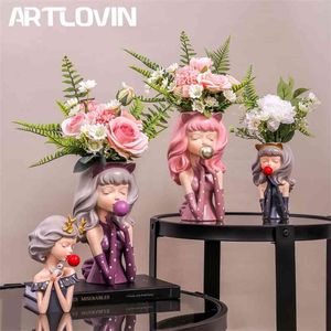 ARTLOVIN Bubble Gum Fille Fleur Vase Résine Plante Artificielle Pot Abstrait Pot De Fleur Élégant Décor À La Maison Bureau Ornement Figurine 210922