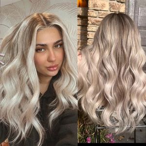 Ash Blonde Long Thick Body Wave Full Lace Wig Platinum Ashs Grey Ombre Perruques de cheveux humains Virgin 13x6 HD Laces Frontal Wigs Dart Root