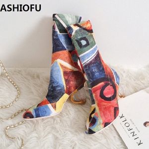 ASHIOFU señoras hechas a mano botas de tacón alto fiesta sexy botas de tobillo barato vestido de moda de gran tamaño zapatos cortos de noche f7pE #