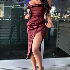 Vestido de satén asiático con hombros descubiertos, corte lateral, antideslizante, cremallera invisible, Midi, mujer, bata sexy asimétrica 220507