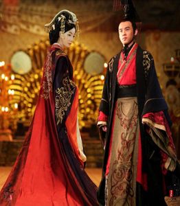 Emperador asiático Queen Palacio real Vestido de vestidos de novia de la boda China Boda antigua Hanfu Long Costume Black Red Bride Groom Outfit8515358