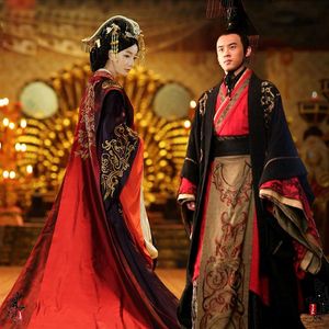 Emperador asiático Queen Palacio real Vestido de vestidos de boda Bata de boda antigua china Hanfu largo disfraz de novios rojos negros Outfit235h