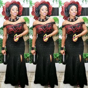 Aso Ebi Noir Dentelle Robes De Bal Sexy Hors Épaule Côté Split Sirène Robes De Soirée Plus La Taille Paillettes Rouges Femmes Robe De Soirée Formelle Pas Cher