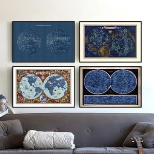 Astronomía Astrológica francesa doble hemisferio Mapa mundial de mapa de lienzo de planisferio celestial Carteles de mapa de planisferio y arte de pared impresa para decoración de la sala de estar WO6