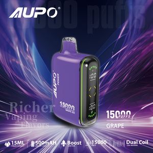 AUPO 15K Puffs 15000 Puff Disposable Vape Mini Ecigs Electronic Cigarette Vaporizer Mod Pod Vapor Bar Kits 2% 5% Nicotine RECHARGable Type C Mesh Screen Affichage