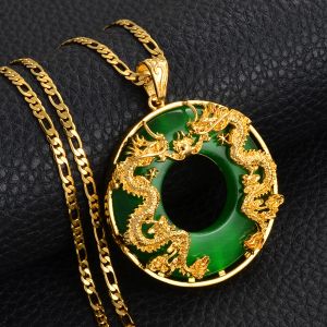 Collier pendentif Dragon de bon augure en or 14 carats pour femmes et hommes, bijoux de Style chinois, Jade vert naturel, bonne chance, bonheur