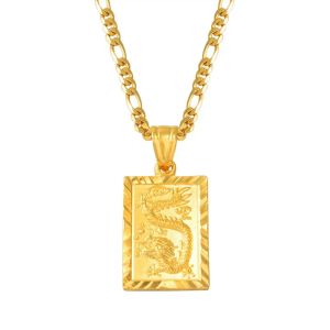 Collier pendentif Dragon de bon augure en or jaune 14 carats pour femmes et hommes, bijoux chinois FU bénédiction richesse, longévité