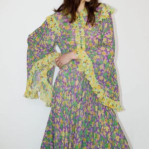 Vestido de diseñador australiano con mangas acampanadas, estampado estilo festivo, mangas anchas, borde con volantes, vestido floral con tirantes 231030580