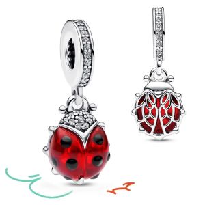 Authentic 925 Silver Red Ladybird Murano Glass Dangle Charm Fit Original Pan Bracelet DIY Girls Fine Jewelry Gift
