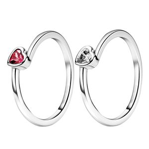 Auténtico 925 Plata Rojo Inclinado Corazón Solitario Anillos Mujeres Niñas Joyería de Boda Caja Original para Pandora CZ Diamond Love Ring Set