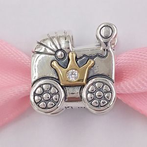 Andy Jewel Auténticos 925 Granos de plata esterlina Pandora 14Ct Gold Baby Carriage Cz Charm Charms Se adapta al estilo Pandora europeo Pulseras de joyería N