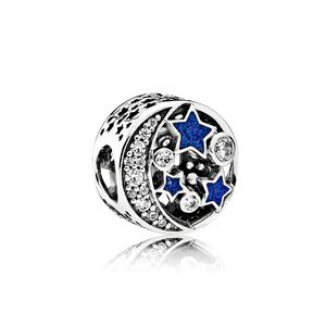 Authentique argent sterling 925 émail bleu étoiles et breloques de lune boîte d'origine pour la fabrication de bijoux de bracelet à breloques en perles Pandora