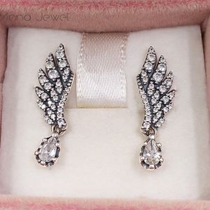 Auténtica plata de ley 925 Pandora Dangling Angel Wing Stud Pendientes de lujo para mujeres hombres niña Día de San Valentín regalo de cumpleaños 298493C01