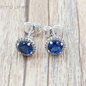 Authentique 925 Sterling Silver Pandora Diamond Blue Round Sparkle Crystal Stud Boucles d'oreilles de luxe pour femmes hommes fille Saint Valentin cadeau d'anniversaire 296272C01