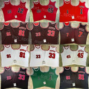 Auténtico baloncesto Vintage Scottie Pippen Jersey 33 Throwback Dennis Rodman 91 Toni Kukoc 7 Derrick Rose 1 Retro Stripe Negro Rojo Blanco Verde Equipo Color cosido