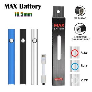 Authentique batterie Max 10,5 mm de diamètre Cartouche Batteries USB Passthrough 350mAh Tension de préchauffage VV Vape Pen pour 510 chariots