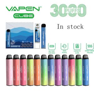 Original VAPEN CUBE 3000 PUFFs Stylo Vape jetable Kits E-Cigarettes Batterie 1000mAh Capacité 8,5 ml Vaporisateur portable Barres pré-remplies Kit de démarrage Vapeur 0% / 2% / 5% Options