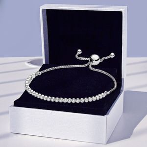 Authentique bracelet de tennis en argent sterling scintillant pour femmes, bijoux de créateur de mariage avec boîte d'origine pour cadeau de petite amie Pandora, bracelets à chaîne à main