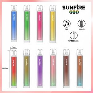 Authentic Sunfire 600 Puffs Dernivable E Cigarette Crystal Bar Vape avec indicateur LED d'alimentation e-liquide 550mAh Batterie 2 ml Pod Vaporisateur stylo 6 Fruits Flavors Cola