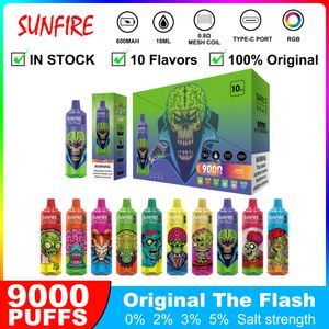 Distributeurs de bouffée Sunfire authentiques Vape 9000 jetable de fumée de cigarette électronique jetable Vape 7000/8000/9000/10K Puffle Puffle rechargeable Wape Pen Custom Logo / Box