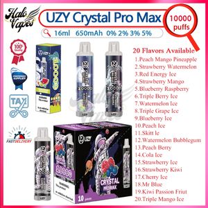 Authentique UZY Crystal Pro Max 10000 Puff Jetable Vape Pen E Cigarettes 1.2ohm Mesh Coil 16ml Pod pré-rempli 650 mAh Batterie Puffs rechargeables 10K 0% 2% 3% 5% Niveau