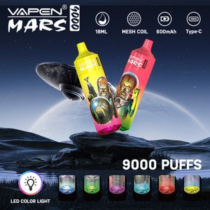 Authentique VAPEN MARS Tornado Puff 9000 E Kit de cigarettes Puff 9000 0/2/5% Vapes jetables rechargeables Mesh Coil RGB Glowing Light Vapes Device