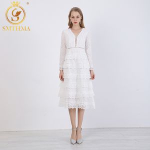 Automne et hiver de haute qualité de luxe piste de broderie blanche robe en dentelle femmes manches longues sexy col en V vestidos 210520