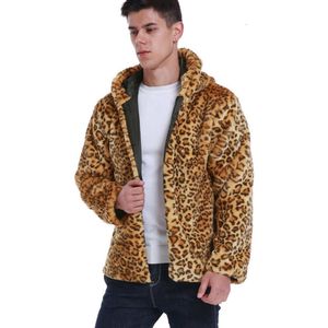 Manteau à capuche pour hommes, motif léopard, mode fausse fourrure, manches longues, peluche, épais, chaud, pull en laine, UE9Q, automne et hiver