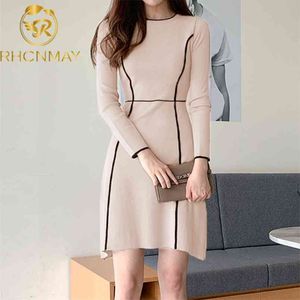 Automne et hiver Style Français Minceur Gracieux Élégant Hepburn Jersey Robe à manches longues A-Line 210506