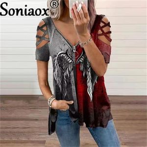 Automne ange aile imprimer à manches courtes hauts Vintage col en V fermeture éclair pull chemise décontracté ample femmes T-Shirt 220525