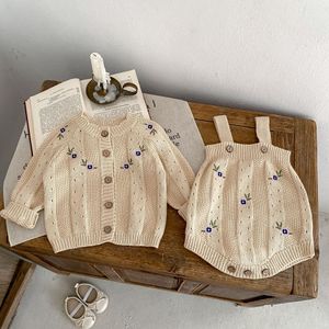 Pull d'automne pour bébé fille, manteau en tricot creux brodé + bretelles, 2 ensembles