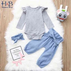 Automne bébé enfants costume gris à manches longues barboteuse triangle + pantalon foulard 3pcs ensembles de filles en bas âge 210611