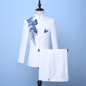 Automne Style Chinois Blanc Col Montant Deux Pièces Hommes Veste Costumes Bleu Sequin marié costume Costumes (Veste + Pantalon) 201106