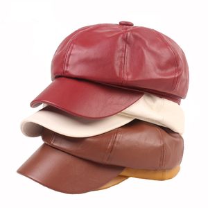 Automne Faux cuir octogonal chapeau pour femmes hiver chaud béret casquette décontracté dame unisexe peintre chapeaux blanc marron en gros