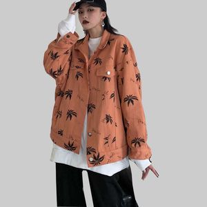 Abrigo Harajuku de otoño para mujer, chaqueta Vintage con estampado de hojas de arce, ropa de calle de manga larga para mujer, rompevientos informal básico 210531