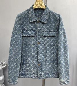 Manteau en Denim à col Polo pour homme, veste courte et cintrée, imprimé Jacquard, multi-poches, vieille fleur, automne, étiquette de mode