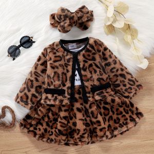 Autunno Bambini Neonate Neonate Leopard Coat Dress Fascia per capelli Set manica lunga Vita alta Cardigan con cerniera midi foderato