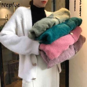 Otoño estilo coreano cardigans v cuello manga larga mohair suéter de un solo pecho moda moda suelta abrigos sólidos 210422