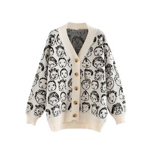 Cardigan épais et chaud avec impression de dessin animé pour femme, pull ample, à la mode, col en v, décontracté, vache paresseuse, automne