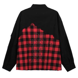 Automne hommes élégant surdimensionné rouge Plaids imprimer à manches longues poche chemises Patchwork en détresse cassé déchiré manteau 23fw Nov 19th