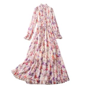 Automne Multicolore Imprimé Floral Ruban Cravate Noeud Robe À Manches Longues Col Rond Boutons Longue Maxi Robes Décontractées A3Q191340 Grande Taille XXL