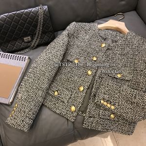 Automne nouvelle veste en tweed pour femme en laine couleur grise boutons dorés patchwork manteau court grande taille casacos SMLXL