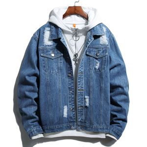 Ropa vaquera rasgada de otoño, chaqueta de motocicleta para hombre, estilo clásico, abrigo informal de algodón con agujeros, ropa masculina azul Vintage