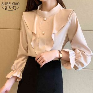 Autumn Satin Chiffon Blouse Style Tops for Women Solid Rusfled Shirt Casual Slim Work Blusas Mujer 10499 210508