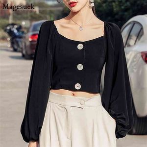Automne Slim Femmes Tops Solid Casual Chemise Blouse Vintage Femme Puff Sleeve Sexy Coton et Blouses Blusas Mujer 9334 210512