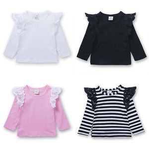 Automne printemps bébé dentelle T-shirts hauts rayé couleur unie à manches longues mouche manches t-shirt vêtements bébé enfant en bas âge garçons et filles t-shirts vêtements M3988