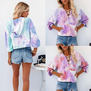 Sudadera con estampado Tie-Dye de otoño, sudaderas con capucha de manga larga para mujer, jersey con bolsillo, sudaderas con cordón y cuello en V, suéteres, Tops M2581