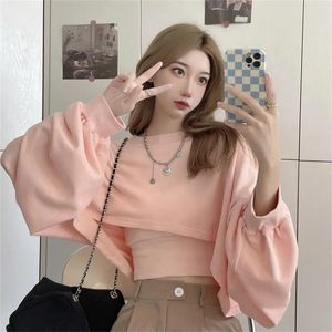 Autumn Two Piece Suit Hoodie Korean Loose Bat Sleeve Tops Fashion Crop Sweatshirts+Camis Female 220406