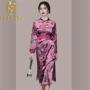 Automne Vintage Élégant Angleterre Style Violet Fleur Midi Robe Femmes Lady Bureau Travail Robes Col De Revers Casual Avec Ceinture 210506